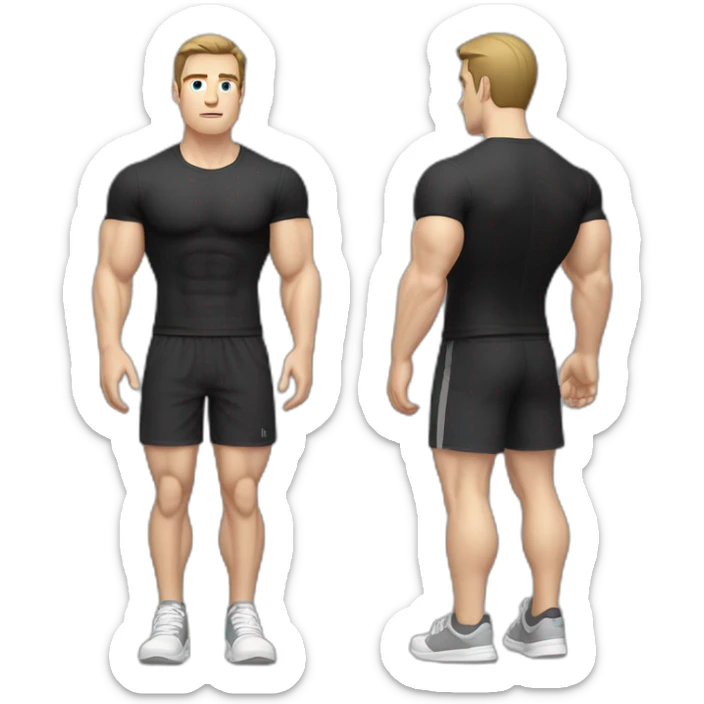 Confused Pale skinned Fit Man With the biceps and dark brown hair in black shirt, gray sports shorts and white Sneakers sticker