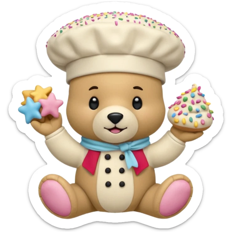 quiero un oso

Mejillas rosadas

Sprinkles en forma de estrellitas

Patitas pequeñas y redonditas

Un gorrito de chef mini

Expresiones cambiantes (feliz, sorprendido, emocionado) sticker