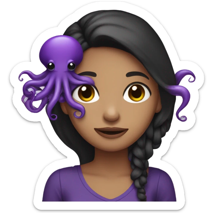 girl with longish very dark brown hair (semi-black) wearing an all-purple outfit, holding a purple octopus sticker