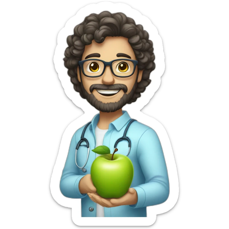 A male nutritionist with a full beard and dark, curly hair and white skin, wearing glasses, holding an apple in his hand. Who has a light blue shirt on. sticker