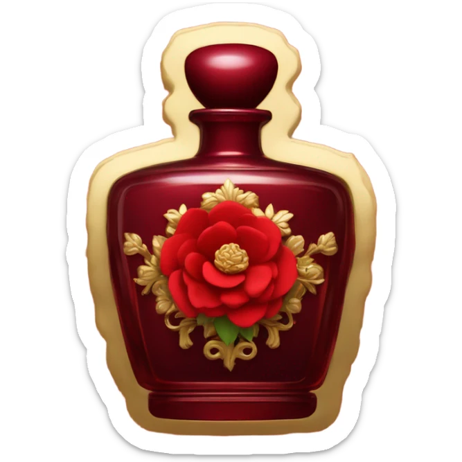 Dark red ornate perfume bottle with red camellias and golden accents sticker