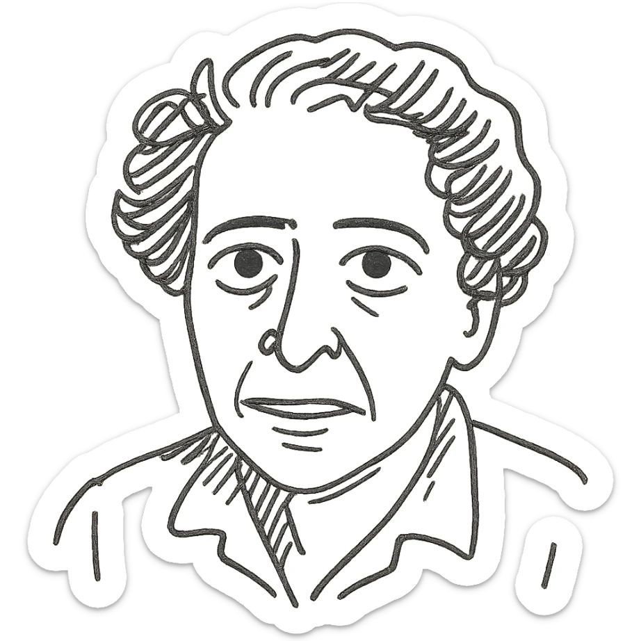a hand drawn black outline portrait of Hannah Arendt with similar size eyes based a famous photograph of her sticker
