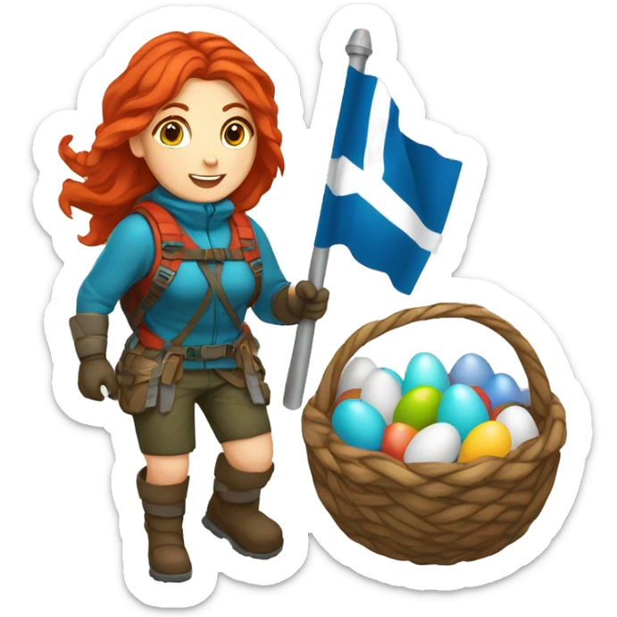 Female winter mountaineer red hair white skin climbing with Greek Flag and Easter eggs basket sticker