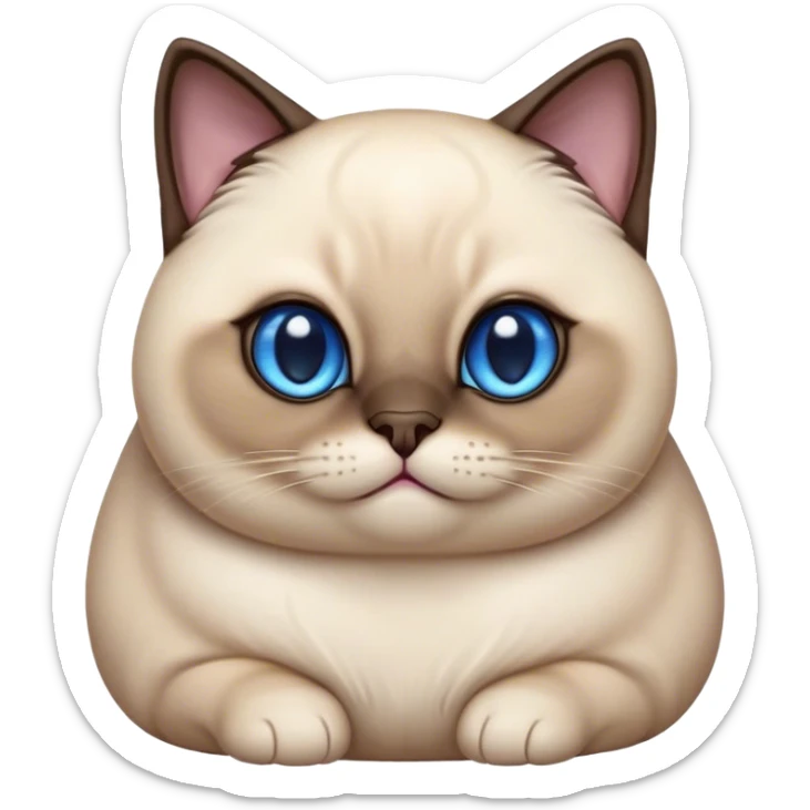 Cinematic Cute Chubby Siamese Cat Portrait Emoji, Round and plump body, soft cream-colored fur with rich dark points on the ears, face, paws, and tail, big, sparkling sapphire-blue eyes, Simplified yet irresistibly adorable features, highly detailed, glowing with a warm, cozy glow, high shine, curious yet calm, stylized with a touch of whimsy, bright and endearing, soft glowing outline, capturing the essence of a mischievous yet lazy and loveable kitty, so cuddly it feels like it could waddle right out of the screen for a snuggle! sticker