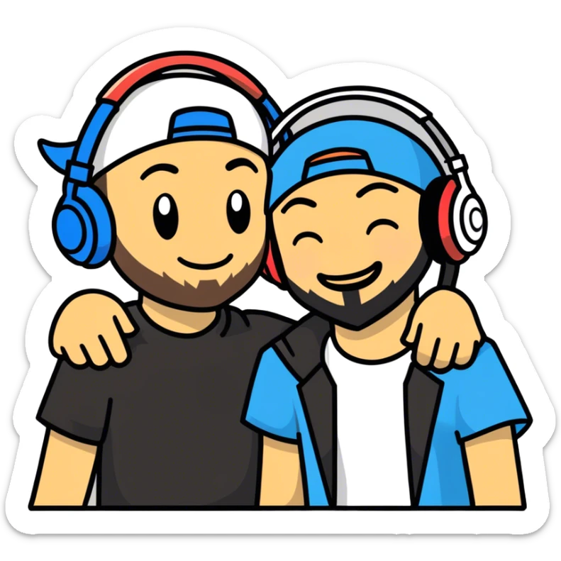 Hot handsomeb muscular 6ft tall smiling happy clean shaven ash ketchum being a  dj and his music rocks while kissing a bearded friend sticker