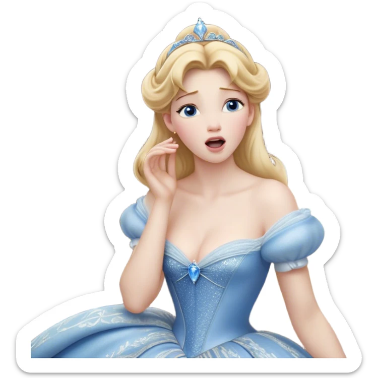 Cinematic Realistic Yawning Cinderella Portrait, showcasing lifelike porcelain skin and intricately detailed golden-blonde hair styled flawlessly as she mid-yawn reveals a moment of tender vulnerability. Her half-closed blue eyes and relaxed expression are rendered with natural, soft lighting that emphasizes the subtle textures of her face and the detailed, flowing fabric of her iconic gown. The scene glows with a cozy, authentic warmth that captures a rare, intimate moment of repose. sticker