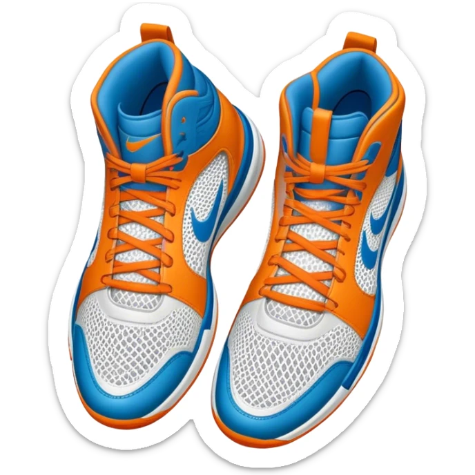 Cinematic Realistic image of a pair of basketball sneakers featuring detailed mesh and leather textures, vibrant color accents and dynamic design lines, illuminated by bold, high-energy arena lighting sticker