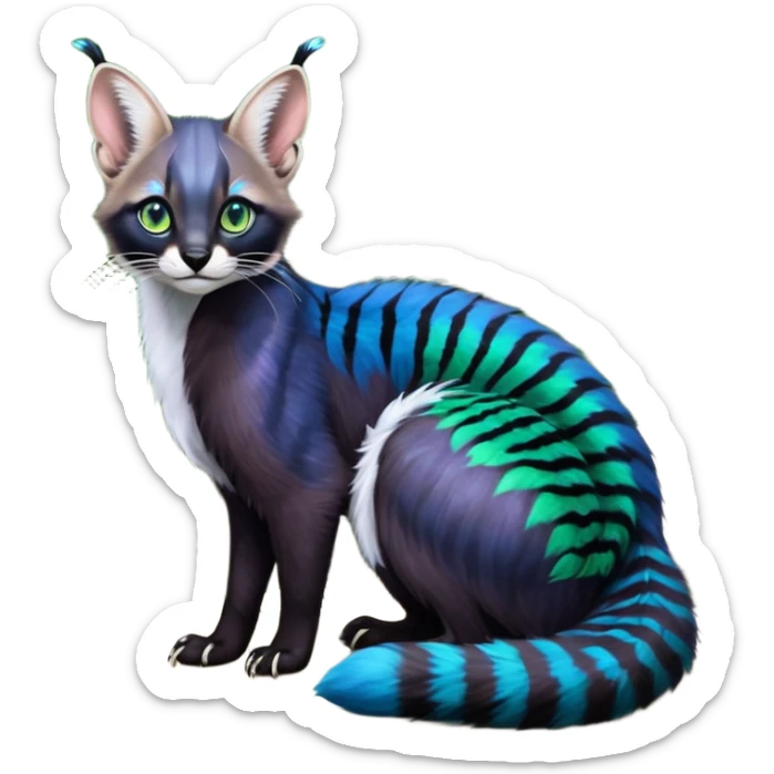 Colorful dark tropical cobalt-blue, black, white fur, with green eyes, iridescent glorious divine exotic cute cool beautiful shiny beautiful fantasy-caracal-civet-genet-sergal-vernid-Cacomistle-Furret-civet-oncilla-animal-Fakémon-hybrid-fursona with pattern markings (full body) sticker