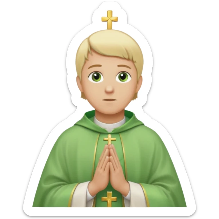 a priest, green eyes, blonde hair, light green chasuble. opening arms, gazing thoughtfully. Soft light, subtle fern. Waist-up, profile. sticker