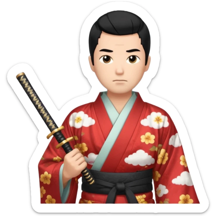  man with black hair and a fade in a kimono with cloud print holding katana sticker