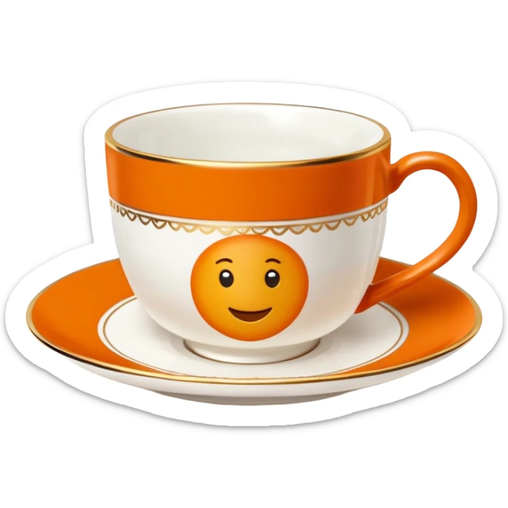 Hermès-style teacup with saucer, Hermès orange, gold trim, luxury, cute emoji style sticker