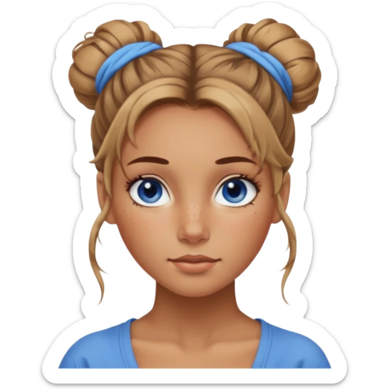 Attractive Woman with tan skin, wide face, freckles, messy bun hairstyle, and blue eyes sticker