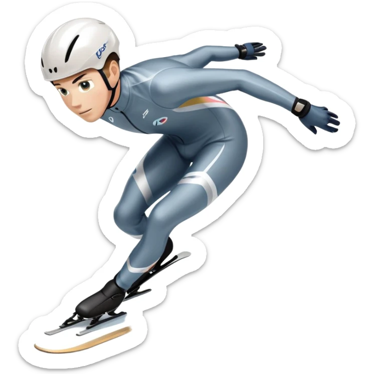 An icon showing a grand arena, snow-covered mountains in the distance, and a crisp blue sky. professional speed skater leaning into a turn on a polished ice track, dressed in a sleek suit and helmet. Transparent background highlights speed and precision. sticker