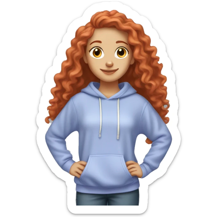 a white girl with long red curly hair, wearing a pastel periwinkle hoodie doing a pose sticker