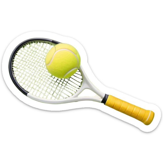 A tennis racket with a bright yellow tennis ball resting on it, set against the backdrop of a well-maintained tennis court. The scene emphasizes the smooth lines of the court and the focus on the ball and racket, symbolizing the elegance and precision of the sport sticker