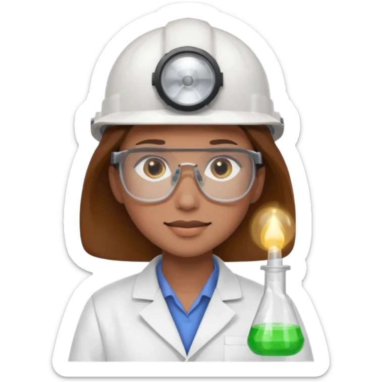 Ingeniera quimica con delantal, casco de seguridad y gafas de seguridad, castaña de ojos claros sticker