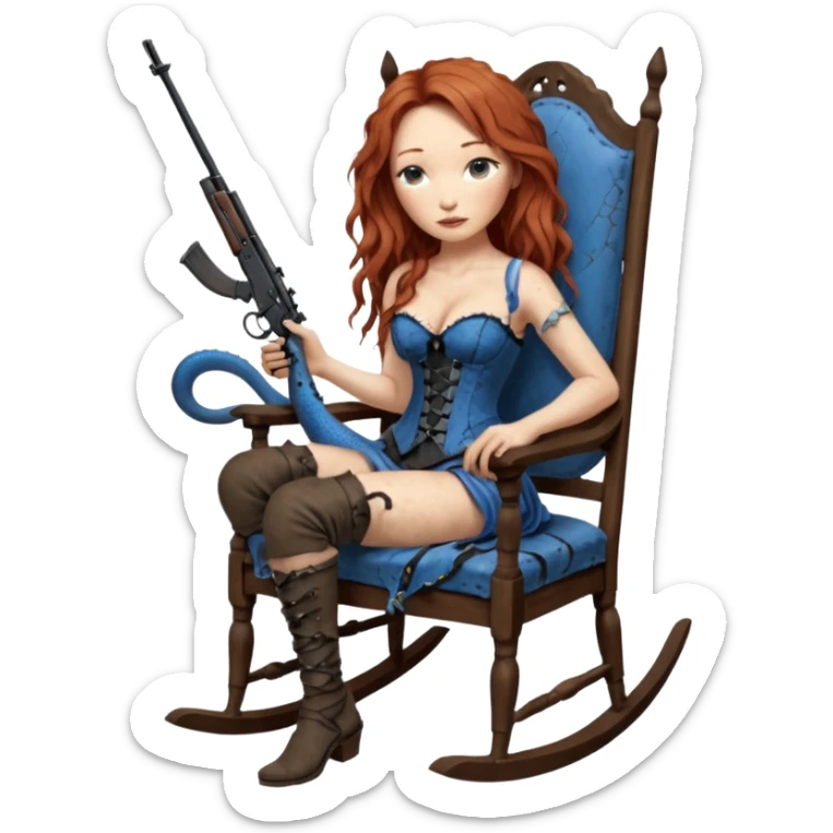 realistic cinematic Tori Amos sits on a rocking chair in a torn corset, holding an antique rifle and her bare feet are muddy. A blue snake is wrapped around the chair. sticker