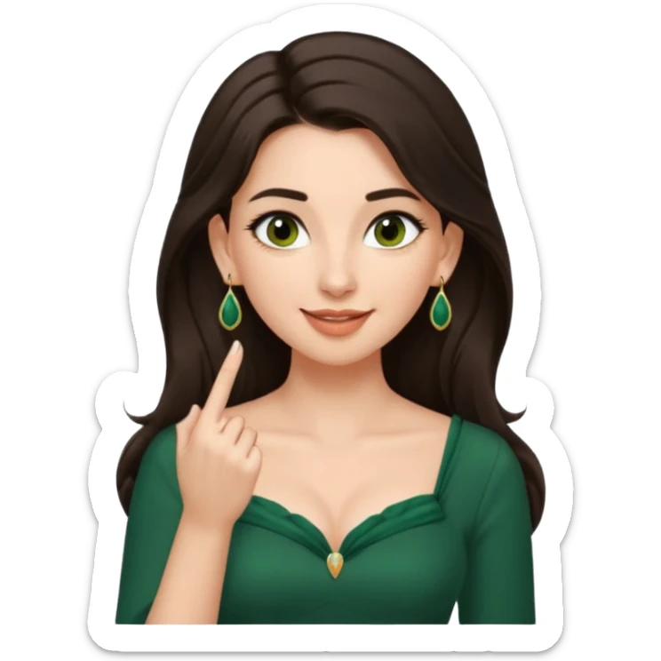 pretty bratz genmoji that looks like tamannah bhatia (bollywood actress), wearing a dark green sweetheart neckline top, dark brown hair, light makeup, no necklace, dangly earrings, SIDE hair part, fair. dark brown eyes, long hair

Show her licking her finger  sticker