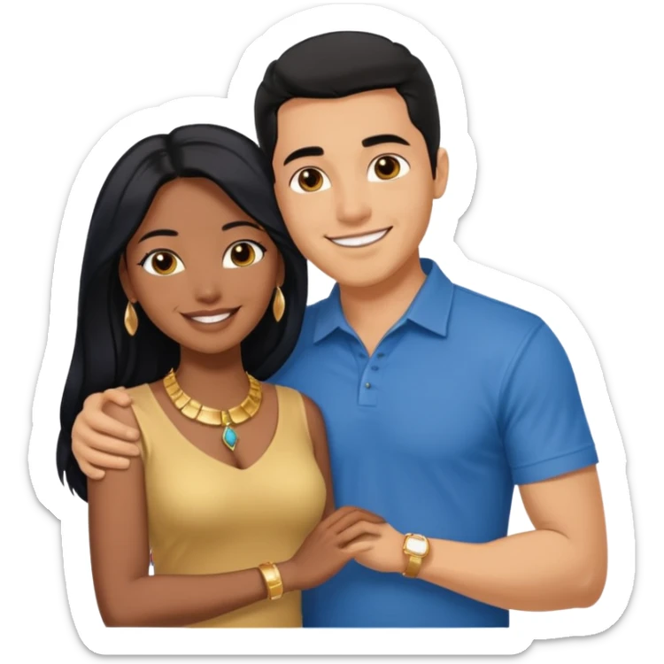 smiling embracing interracial couple from waist up. ebony woman with long hair and jewelry. brazillian man short hair wearing blue. sticker