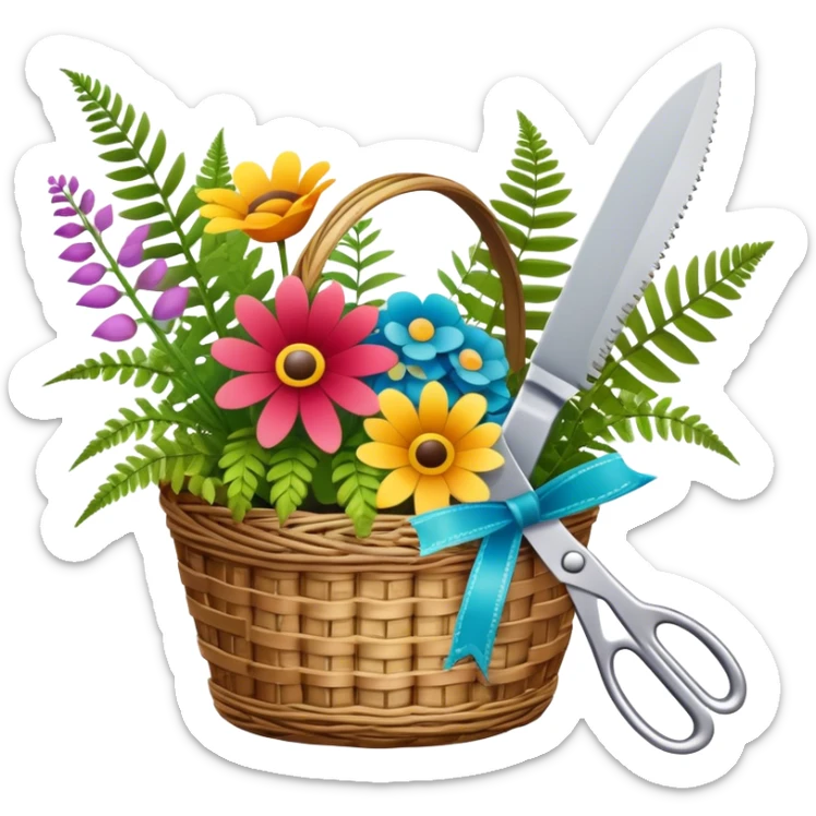 Icon for Floristry: a woven basket with flowers, reeds, ferns, bright ribbons and a small plush toy. Add big garden scissors and knife above. The icon should represent creativity in flower arrangement and decorative design. Transparent background. sticker