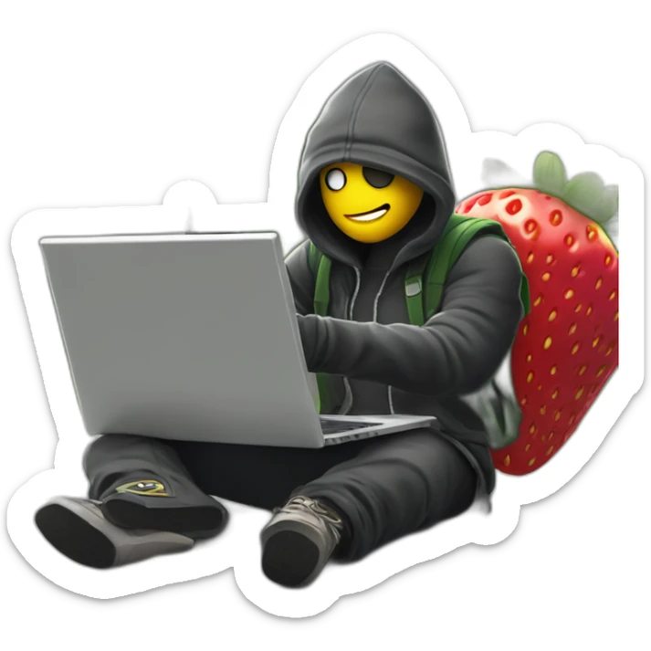 a guy with a strawberry head wearing a thief's outfit, he's in front of a laptop with a mask over his eyes and a thief's cap, on his back he has a yellow thug bag with a dollard sign on it. sticker