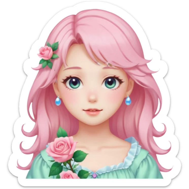 Gorgeous pastel anime style lady with blushing face and roses cottagecore fairycore pastelcore shiny colorful pearly aesthetic trending style sticker
