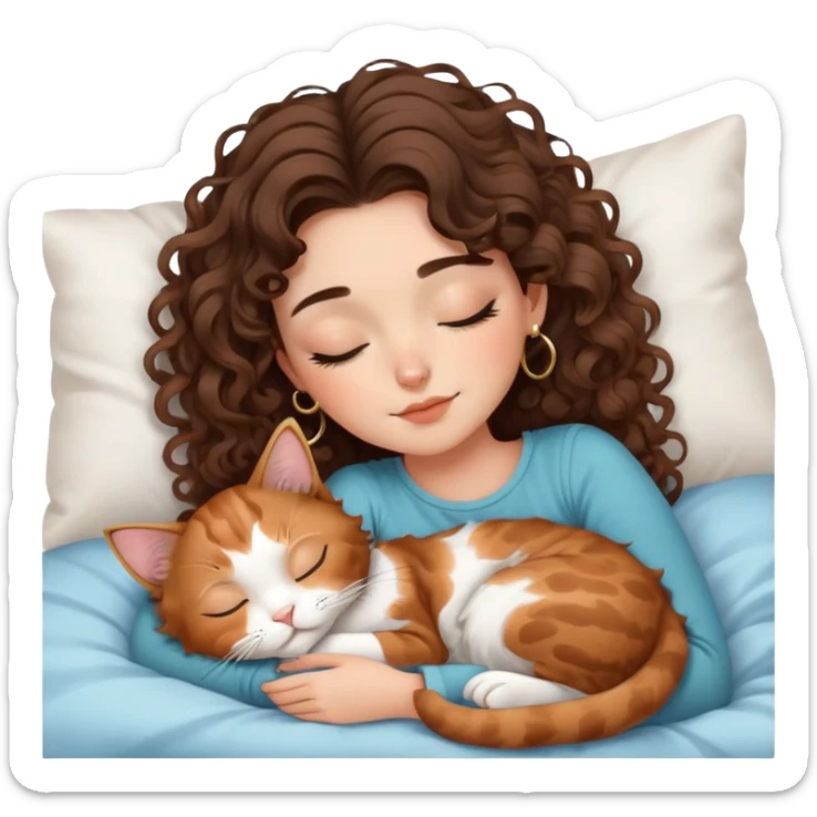 cute balayage brunette curly/wavy haired girl, hoop earrings clean girl makeup sleeping beauty laying next to her sleeping calico cat  sticker