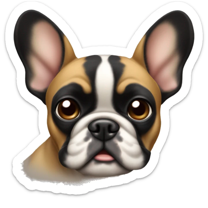 A small, black-and-tan French bulldog with a mostly black face and tan paws, tilting its head slightly with wide, puzzled eyes and a slightly furrowed brow, perhaps with a small question mark near its head sticker