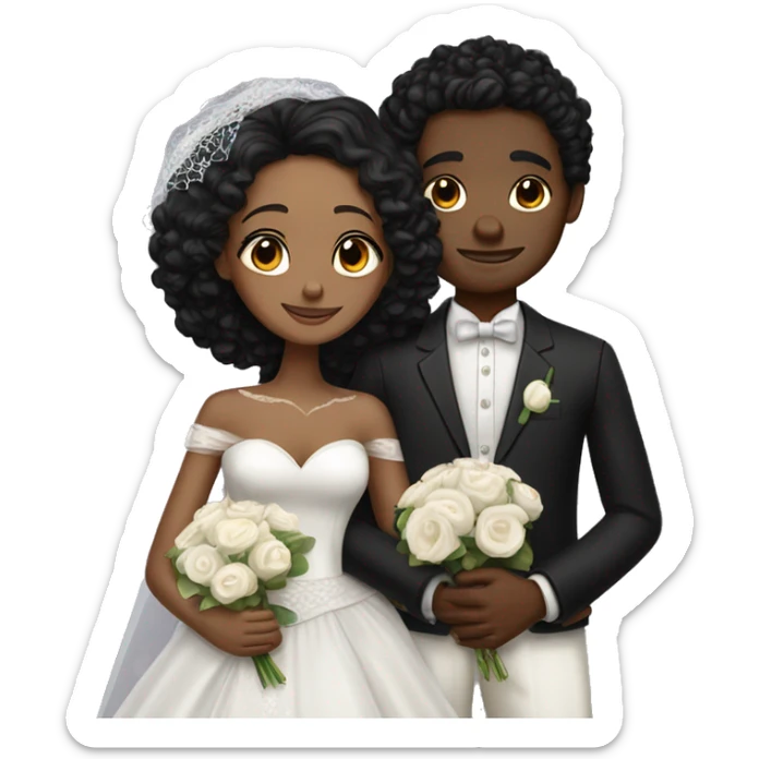 African Bride and Groom. Medium Brown skin. Black long curly hair. Short black haircut. Hugging each other. Eyes closed. sticker