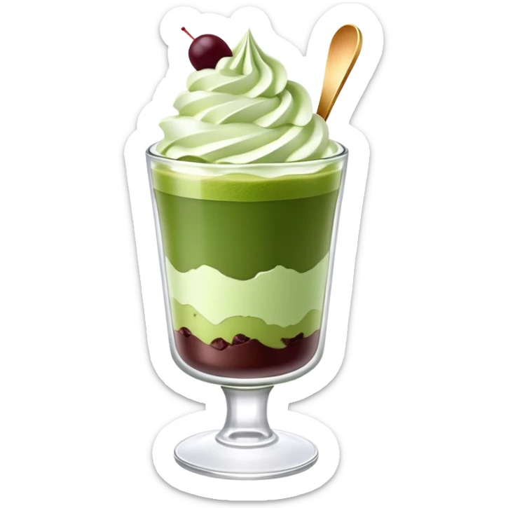 Japanese matcha parfait in a glass, with layers of green tea ice cream, and whipped cream sticker