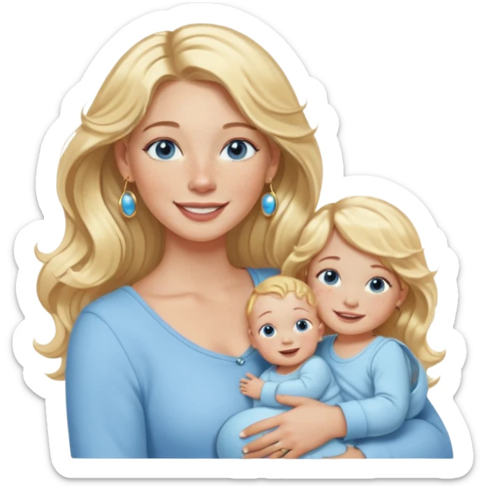 Wavy blonde, white woman with blue eyes, freckles hoop earrings, holding babies smiling and really cute in gold hoops she needs to be holding three newborns, and she needs to be more cute than pretty sticker