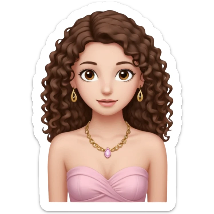 crée moi une jeune fille très belle avec les cheveux bouclés long brune avec un top  sans manche ni brettelles juste un 'bandeau' de couleur rose clair avec un peu de maquillage et des beauxcils un collier en or sticker