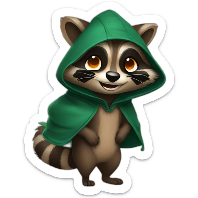 brown raccoon with orange eyes and a dark green hood that is laughing sticker
