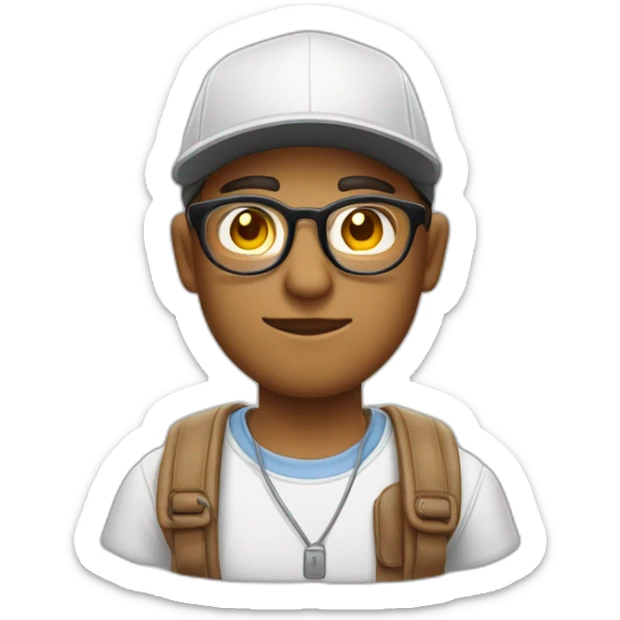 Joven con lentes redondo, piel clara, sin barba, gafas redondas, camisa blanca y gorra blanca.  sticker