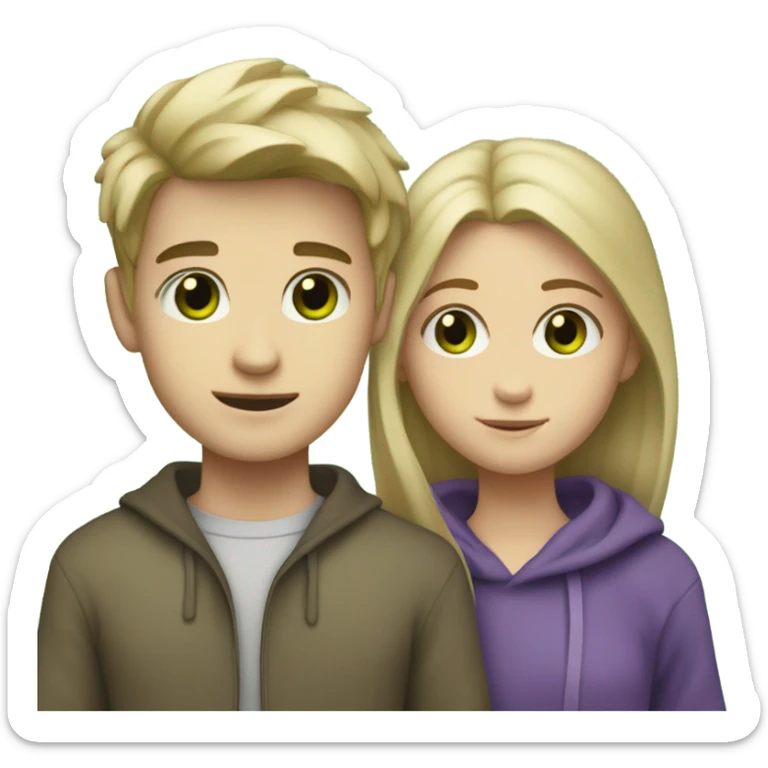 pale skin boy with dirty blond hair and green eyes hugging paleish tannish skin girl with brown eyes and purple hair sticker