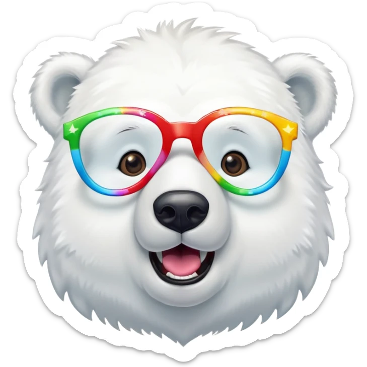 close up headshot of a friendly anthropomorphised polar bear with excited expression wearing large multicolored star-shaped glasses sticker