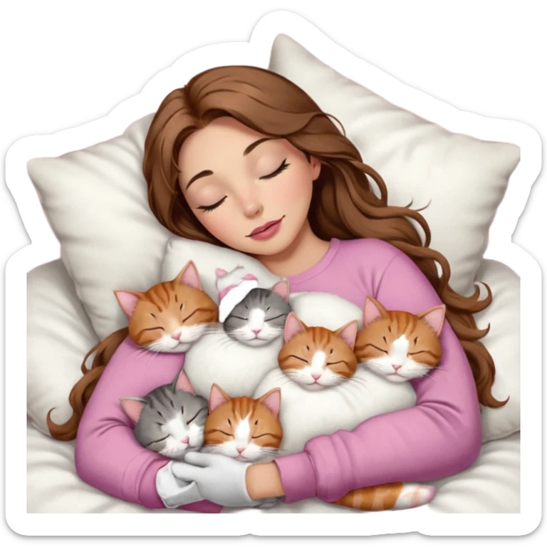 girl with long wavy brown hair, brown eyes, long lashes makeup, sexy pink lips, light to medium complexion,  sleeping on a cozy pillow, with 6 cats: 1 brown and white tabby cat, 1 ginger and white, 2 grey and white, 1 grey with white mittens and small white patch on chest and 1 calico, sleeping sticker