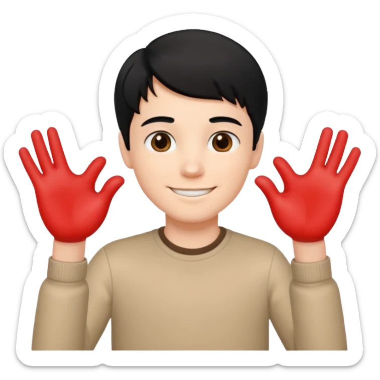 White boy with black hair holding up hands in the shape of a heart sticker