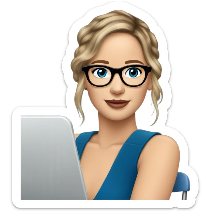 Realistic Photo of Brunette Jennifer Lawrence wearing black glasses and blue eyes talking on their laptop  sticker