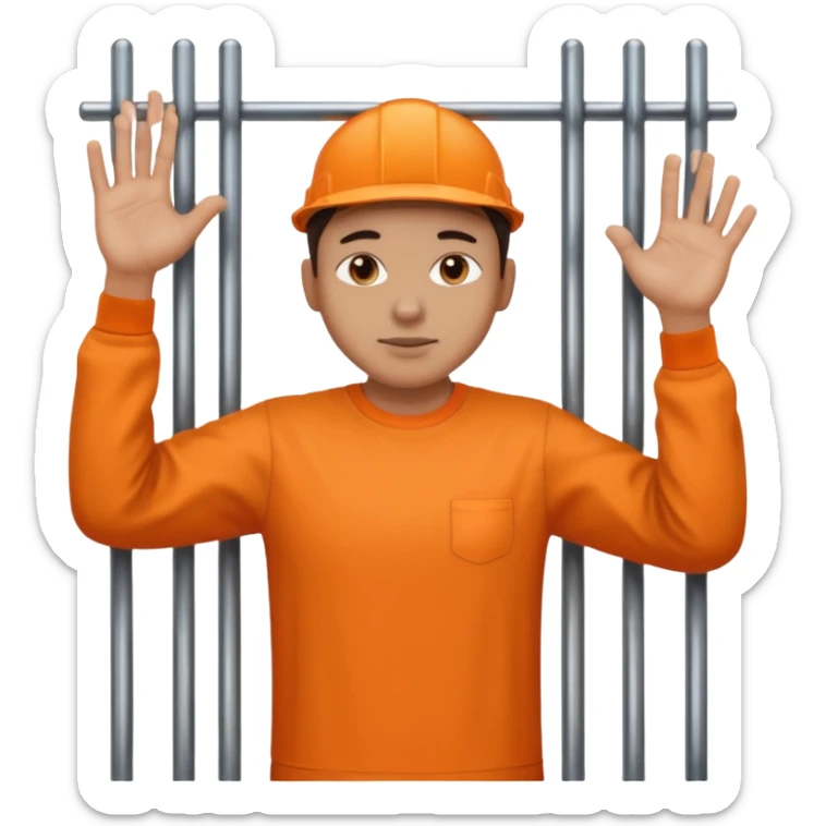 prisoner with orange shirt, many metal bars in front of him and he touches the bars sticker