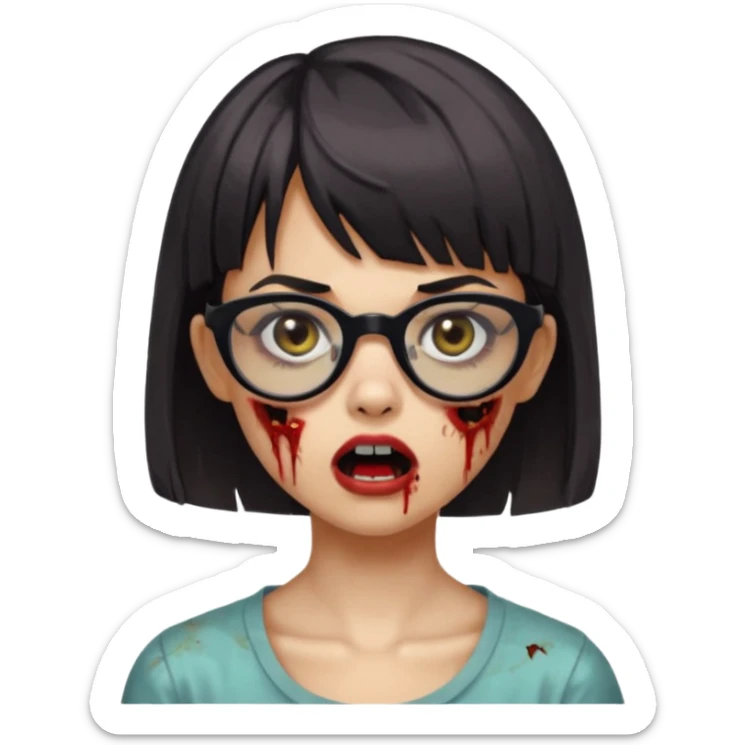 faça uma menina zumbi,com o cabelo curto,até o pescoço,franja,óculos pretos médios,olhos escuros,boca meio aberta e alguns machucados pelo rosto sticker