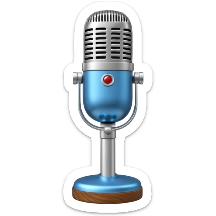 3D render of Elvis Microphone, vintage 1980s audio equipment aesthetic, tactile analog buttons, shiny silver metal grille with a blue handle, mixed wood grain and brushed aluminum textures, Apple emoji style, isolated on white background --v 6.0 sticker