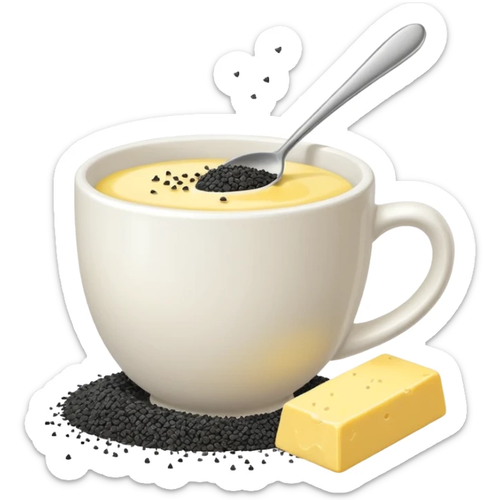 white cup of sugar and black sesame seeds and bar of butter without a face sticker