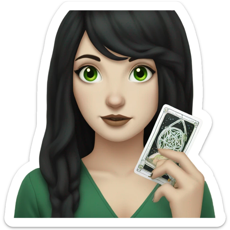 Girl with green eyes, pale skin, black hair and nose ring piercing with taro cards sticker