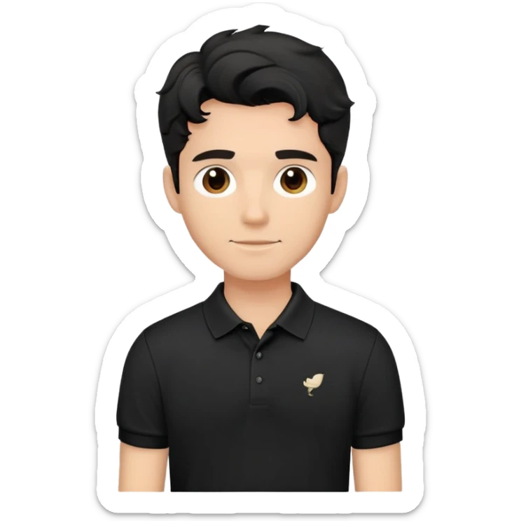 Man with wavy black hair in a classic black polo shirt, relaxed fit sticker