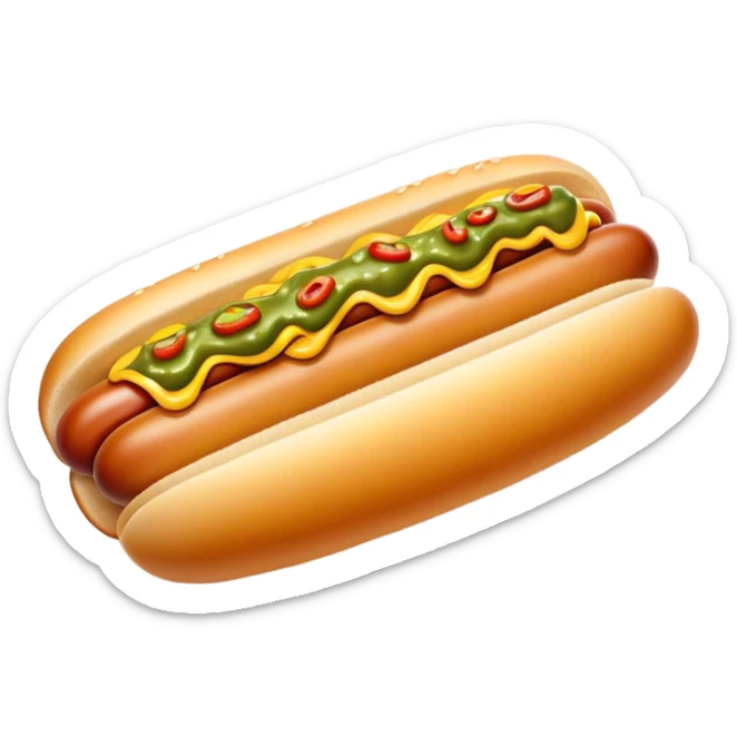 Cinematic Realistic Hot Dog Dish Emoji, featuring a classic hot dog in a bun topped with mustard and relish rendered with crisp textures and vibrant, dynamic lighting. sticker