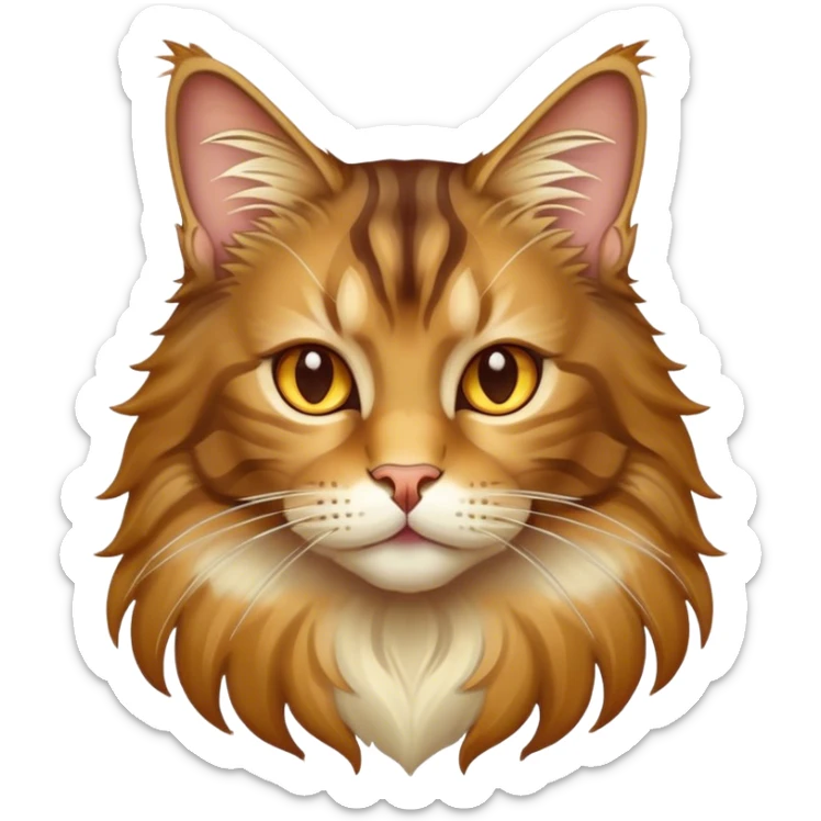 Cinematic Maine Coon Cat Portrait Emoji, Elegant and alert, sleek brown, gold, and cream tones, Simplified yet sharp features, highly detailed, glowing with a warm, confident glow, high shine, intelligent and poised, stylized with an air of grace, focused and attentive, soft glowing outline, capturing the essence of strength and grace, so lifelike it feels as though it could spring into motion with its majestic tail swishing at any moment! sticker