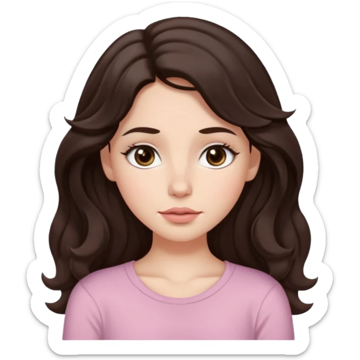 Aesthetic white girl with really long wavy/curly hair color dark brown, hair must be in front of the shoulders (hair in front of the shoulders). Big almond shape tired eyes color brown with dark circles, wide nose, natural lips, sweet expression. Dressed with a cute tight top color light pink. sticker