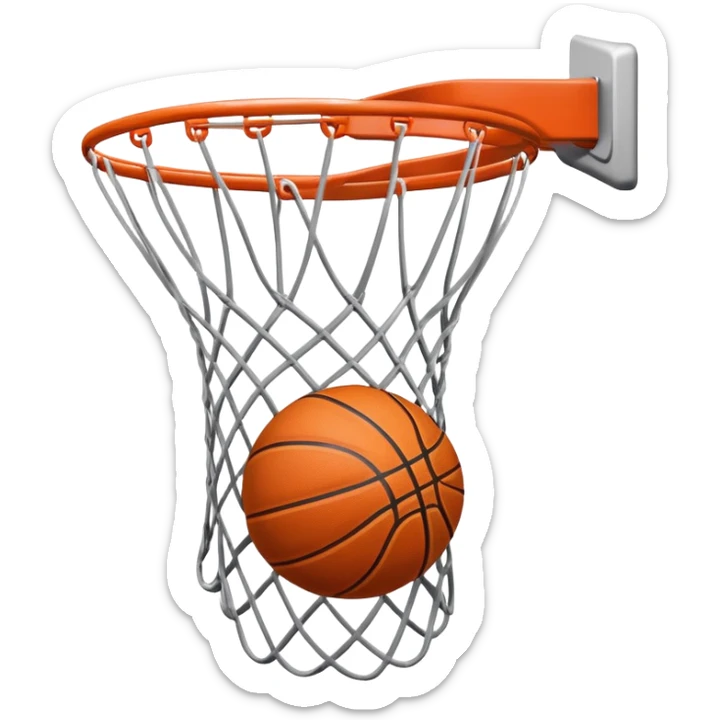 A close-up of a basketball shild and hoop with the ball swishing through the net, captured mid-air. The background emphasizes the tension and excitement of the moment, with the rim and net in sharp focus, showcasing the precision and skill of the sport. sticker