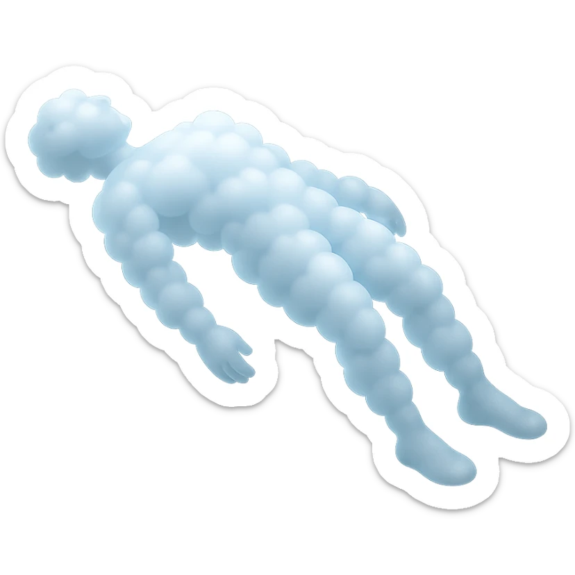 side view of unconscious person flying torso up, arms and legs down, made of small white fluffy clouds, matte glass style sticker